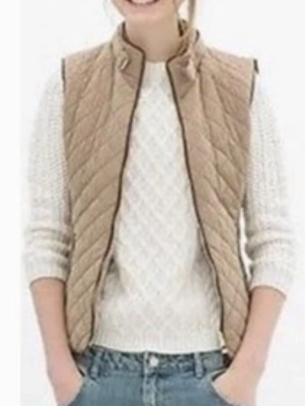 Zara Woman Vest Womens S Beige Quilted Rib Knit Side Zip Pockets Buckle Collar